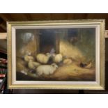 A SIGNED M JACKSON OIL ON CANVAS OF SHEEP IN A BARN WITH A GILT FRAME - IN NEED OF RESTORATION