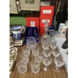 A QUANTITY OF BOXED GLASSWARE TO INCLUDE ROYAL BRIERLEY TUMBLERS, WINE GLASSES, DECANTER, ETC