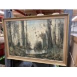 A FRAMED OIL ON CANVAS OF A WOODLAND LAKE 83CM X 58CM