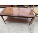 A MODERN MAHOGANY AND CROSSBANDED TWO TIER COFFEE TABLE, 40X22"