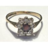 A 9 CARAT GOLD RING WITH A CENTRE RED STONE SURROUNDED BY EIGHT CLEAR STONES IN A FLOWER DESIGN SIZE