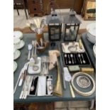 A COLLECTION OF ITEMS TO INCLUDE CANDLE HOLDERS, FLATWARE AND A BRASS HORN ETC