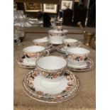 AN ANTIQUE TEASET CIRCA LATE 18TH EARLY 19TH CENTURY TO INCLUDE FIVE TRIOS, CAKE PLATE, MILK AND
