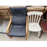 A PAINTED VICTORIAN KITCHEN CHAIR AND IKEA STYLE FIRESIDE CHAIR