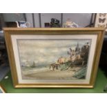 A GILT FRAMED CLAUDE MONET PRINT - 'THE BOARDWALK AT TROUVILLE' 119CM X 87CM