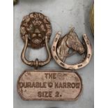THREE PIECES OF BRONZE COLOURED CAST ITEMS TO INCLUDE A LION AND HORSE DOOR KNOCKER AND A PLAQUE