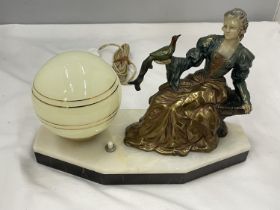 AN UNUSUAL DECO LAMP WITH PIANTED BRASS LADY WITH A PEACOCK, GLOBE SHAPED SHADE ON A MARBLE BASE