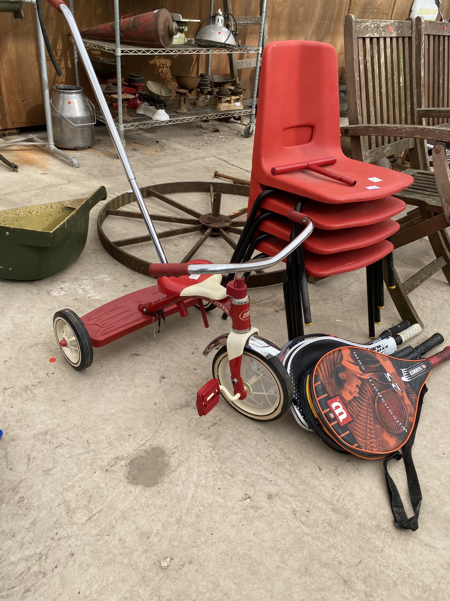 AN ASSORTMENT OF ITEMS TO INCLUDE STACKING CHAIRS, TENNIS RACKETS AND A TRICYCLE ETC