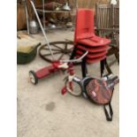AN ASSORTMENT OF ITEMS TO INCLUDE STACKING CHAIRS, TENNIS RACKETS AND A TRICYCLE ETC