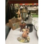 A MIXED LOT TO INCLUDE A BRASS LAMP, A BOURBON CERAMIC 'PANDA' BOTTLE, FIGURES, ETC