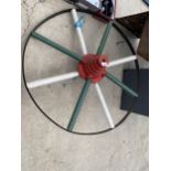 A VINTAGE METAL CART WHEEL WITH WOODEN SPOKES (D:90CM)
