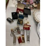 A MIXED LOT OF ITEMS TO INCLUDE CUFFLINKS, VINTAGE LIGHTERS, POCKET WATCH, KEYRINGS, ETC