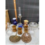 AN ASSORTMENT OF ITEMS TO INCLUDE AN OIL LAMP, A COPPER JELLY MOULD AND A TONY WOOD CHARACTER JUG