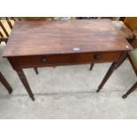 A 19TH CENTURY MAHOGANY SIDE TABLE, 35.5" WIDE, ON TURNED LEGS, ENCLOSING TWO DRAWERS, ONE BEING