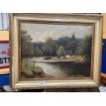 A FRAMED OIL ON CANVAS OF COWS DRINKING FROM A RIVER SIGNED HARRY CLAYTON ADAMS (FRAME A/F)