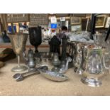 A QUANTITY OF SILVER PLATED ITEMS AND PEWTER TO INCLUDE TANKARDS, GOBLETS, CANDLESTICK, CRUET SET,