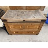 A VINTAGE WOODEN BUTCHERS BLOCK WITH LATER THREE DRAWER BASE (L:122CM W:60CM)