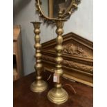 PAIR OF LARGE BRASS CANDLE STICKS CONVERTED FOR ELECTRIC APPROX 60CM HIGH