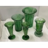 AQUANTITY OF EMERALD GREEN CLOUD GLASSWARE VASES TO INCLUDE TRUMPET SHAPE, ETC