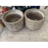 A PAIR OF LARGE ROUND RECONSTITUTED STONE GARDEN PLANTERS