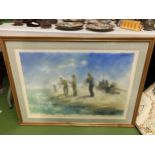 A LARGE FRAMED PASTEL OF A FISHERMAN IN DIFFERENT STAGES OF CASTING OFF - SIGNED 93CM X 70CM