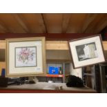 TWO FRAMED PRINTS - A STILL LIFE OF FLOWERS AND HOUSE AND BOAT, TENBY
