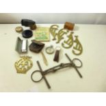 A COMPASS WITH LEATHR CASE, HARMONICA, WHISTLE, HORSE BIT, BRASS AA BADGE ETC