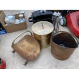 TWO COAL BUCKETS, A BRASS LOG STAND AND A FIRE SIDE COMPANION SET