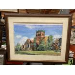 A FRAMED WATERCOLOUR OF A VILLAGE CHURCH SIGNED DON WHALLEY 01 76CM X 60CM