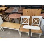 A MODERN PINE KITCHEN TABLE, TWO CHAIRS AND STOOL WITH OAK EFFECT TOP