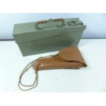 A GREEN PAINTED AMMUNITION BOX AND A LEATHER US HOLSTER (2)