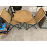 A FOLDING METAL AND WICKER BISTRO SET COMPRISING OF A ROUND TABLE AND TWO CHAIRS