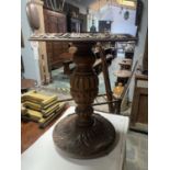 ROUND CARVED OAK GLASS TOP TABLE APPROX 55CM DIAM - 70CM HIGH