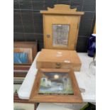 A WOODEN CUPBOARD, A WOODEN BOX CONTAINING FISHING FLOATS AND A FRAMED PRINT