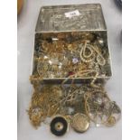 A VINTAGE RILEY'S TOFFEE BOX CONTAINING A QUANTITY OF COSTUME JEWELLERY TO INCLUDE BANGLES,