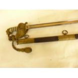 A QUEEN VICTORIA NAVAL OFFICERS SWORD AND SCABBARD, 80CM BLADE, BRASS GUARD WITH SWORD KNOT