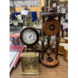 THREE MANTLE CLOCKS - A BRASS CASED CARRIAGE CLOCK, MAHOGANY CASED 'BALLOON' CLOCK WITH INLAY AND AN