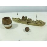 A MODEL OF THE SHIP 'JAMAICA PRODUCER' DATED 1946, LENGTH 21CM, TEAK BARREL FROM HMS AJAX, IRON BALL