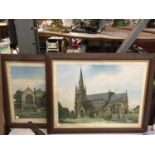 TWO FRAMED PRINTS OF KEELE CHURCH AND MADELEY CHURCH
