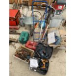 AN ASSORTMENT OF TOOLS TO INCLUDE A TROLLEY, A BLACK AND DECKER JIGSAW AND TWO PETROL CANS ETC