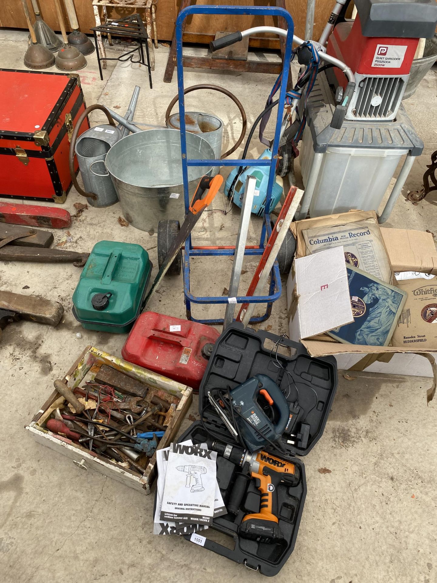 AN ASSORTMENT OF TOOLS TO INCLUDE A TROLLEY, A BLACK AND DECKER JIGSAW AND TWO PETROL CANS ETC