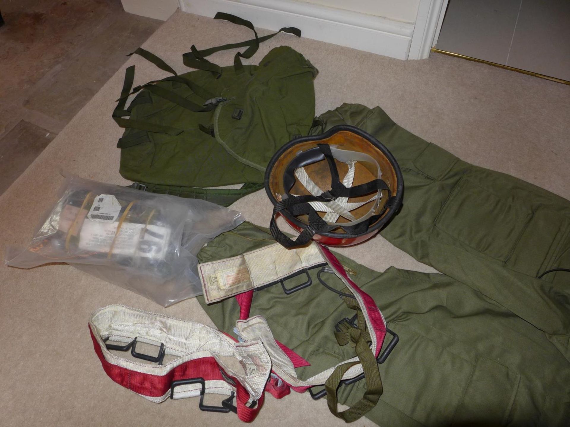A MILITARY/OUTDOOR ADVENTURE COVERALL, RED HELMET, OVERBOOTS AND STRAPS ETC - Image 3 of 5