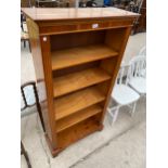 A MODERN YEW WOOD FIVE TIER OPEN BOOKCASE WITH DENTIL CORNICE, 30" WIDE