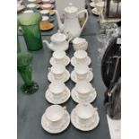 A ROYAL WORCESTER CHINA COFFEE SET - WHITE WITH GILD PATTERN - TO INCLUDE A COFFEE POT, CUPS,