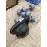 A 15LB KETTLEBELL AND FOUR DUMBELLS