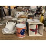 A MIXED LOT OF MUGS, KENT BONE CHINA CUPS & SAUCERS, LARGE PLANTER, SHAVING SET, CORRINA EGG CUP &