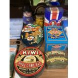 A QUANTITY OF VINTAGE TINS TO INCLUDE KIWI SHOE POLISH, BUTTER COOKIES WITH INSET CLOCK,