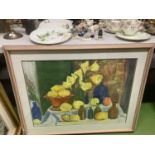 A STILL LIFE WATERCOLOUR OF DAFFODILS, FRUIT AND BOTTLES SIGNED DON WHALLEY, '96, FRAMED 91CM X 73CM