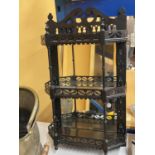 A CARVED MIRROR BACJED THREE SHELF WALL UNIT 40CM X 70CM (A/F)