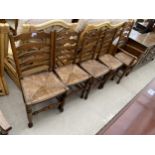 A SET OF FIVE LANCASHIRE STYLE LADDER BACK DINING CHAIRS WITH RUSH SEATS ONE BEING A CARVER